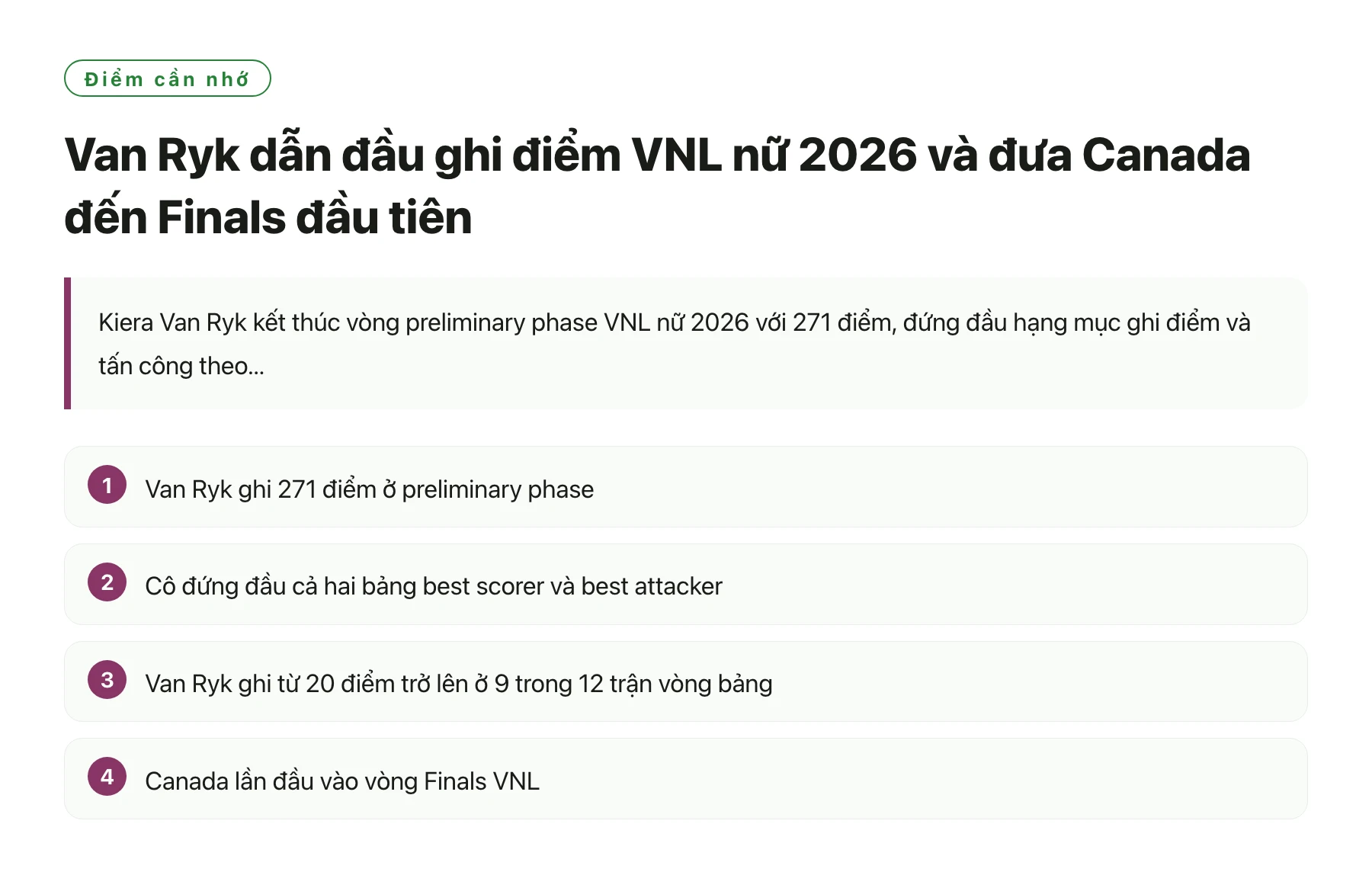 Van Ryk dẫn đầu ghi điểm VNL nữ 2026 và đưa Canada đến Finals đầu tiên——全文要点速览
